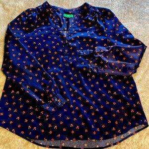 Dip Blue Hammered Satin Fox Print Long Sleeve Blouse Large